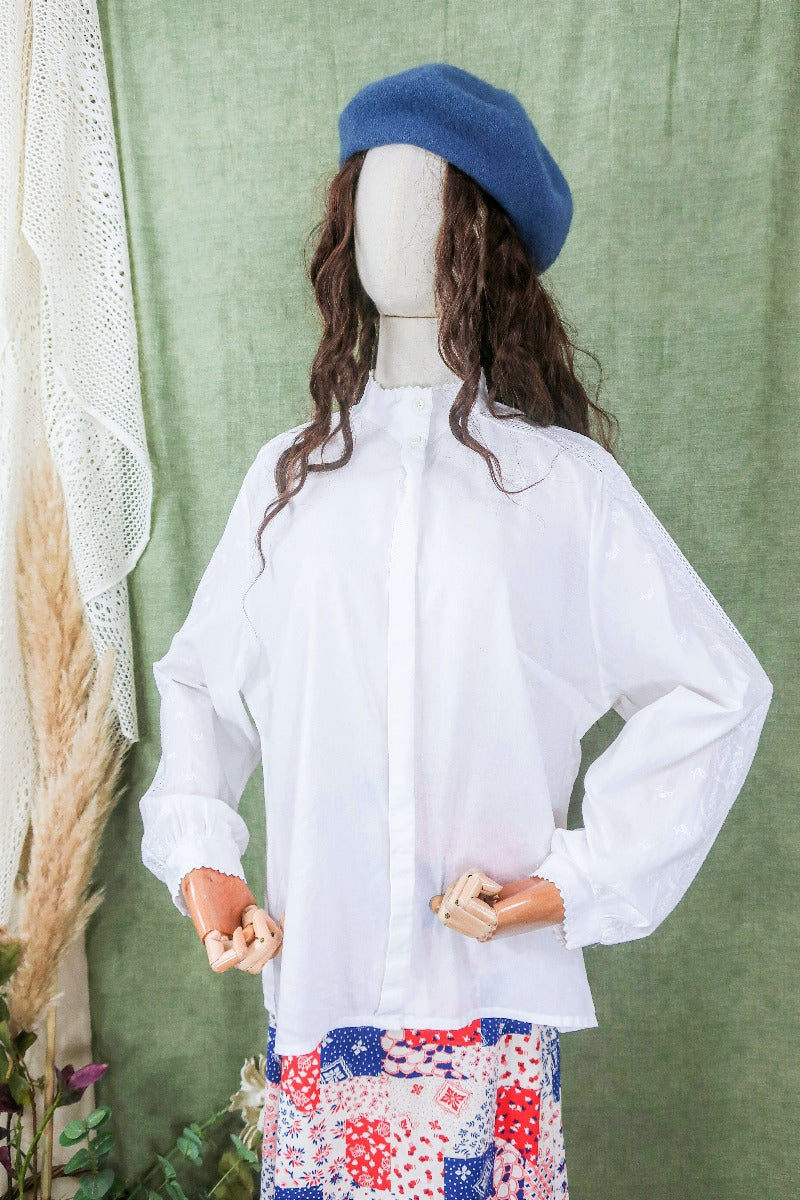 Vintage Top - Crisp White with Bluebell Embroidery - Free Size L/XL By All About Audrey