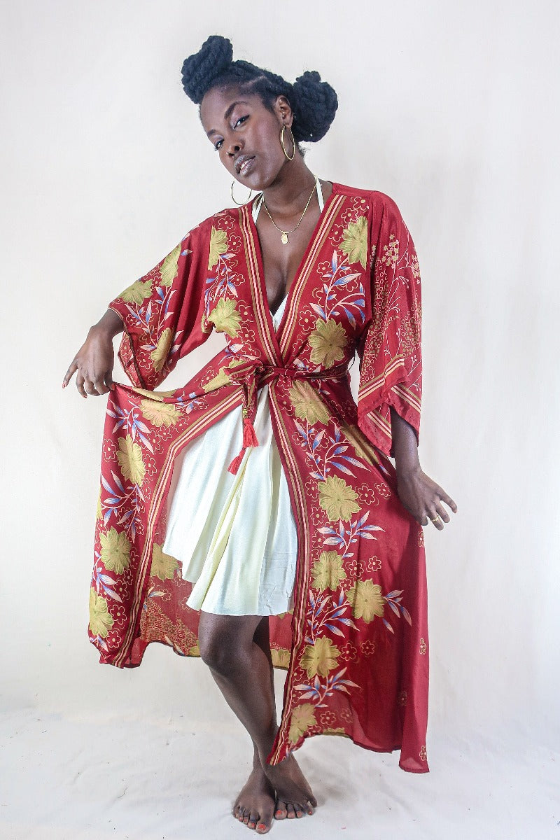 Aquaria Kimono Dress - Vintage Sari - Cherry Red & Lime Floral - Free Size S/M By All About Audrey