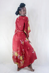 Aquaria Kimono Dress - Vintage Sari - Cherry Red & Lime Floral - Free Size S/M By All About Audrey