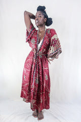 Aquaria Kimono Dress - Vintage Sari - Ruby & Moss Retro Floral - Free Size S By All About Audrey
