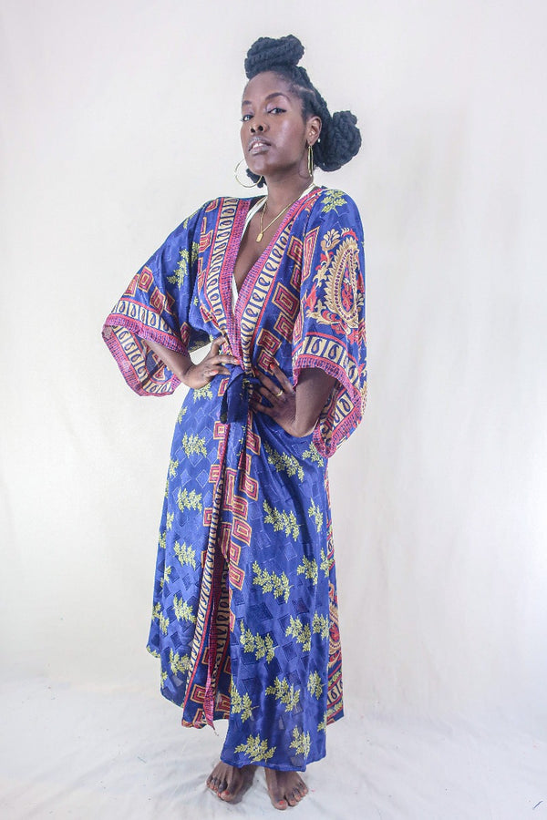 Aquaria Kimono Dress - Vintage Sari - Powdered Violet Leaves - Free Size M By All About Audrey