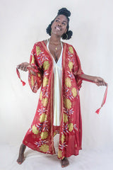 Aquaria Kimono Dress - Vintage Sari - Cherry Red & Lime Floral - Free Size S/M By All About Audrey