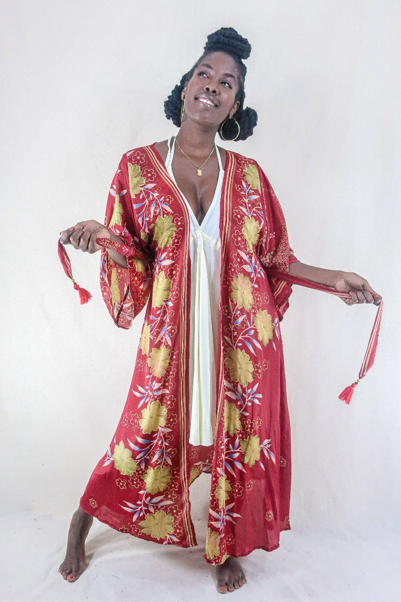 Aquaria Kimono Dress - Vintage Sari - Cherry Red & Lime Floral - Free Size S/M By All About Audrey