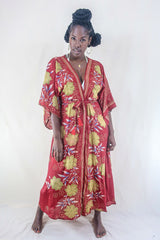 Aquaria Kimono Dress - Vintage Sari - Cherry Red & Lime Floral - Free Size S/M By All About Audrey