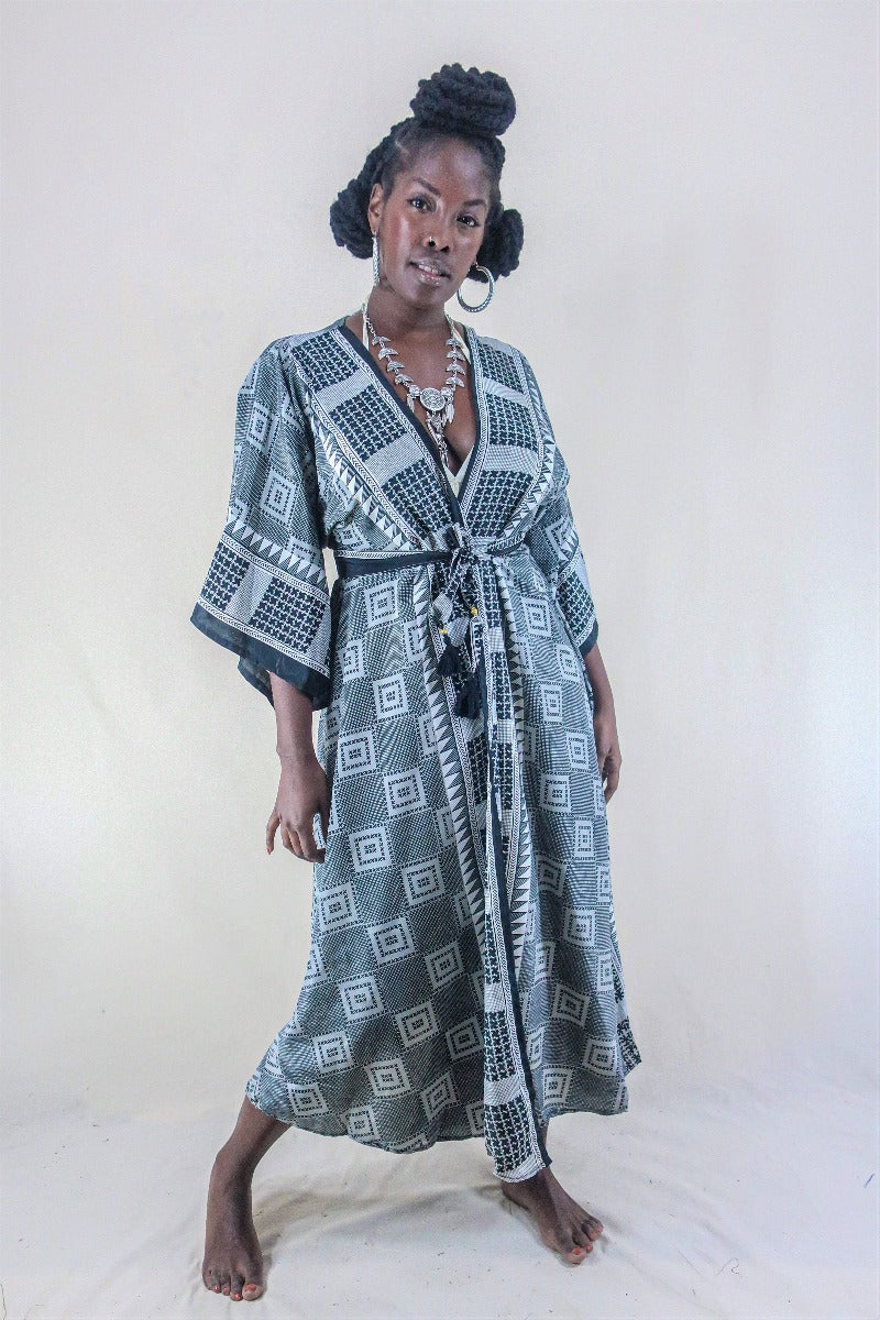 Aquaria Kimono Dress - Vintage Sari - Charcoal Check Print - Free Size S/M By All About Audrey