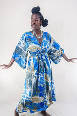 Aquaria Kimono Dress - Vintage Sari - Ultramarine Abstract - Free Size M By All About Audrey
