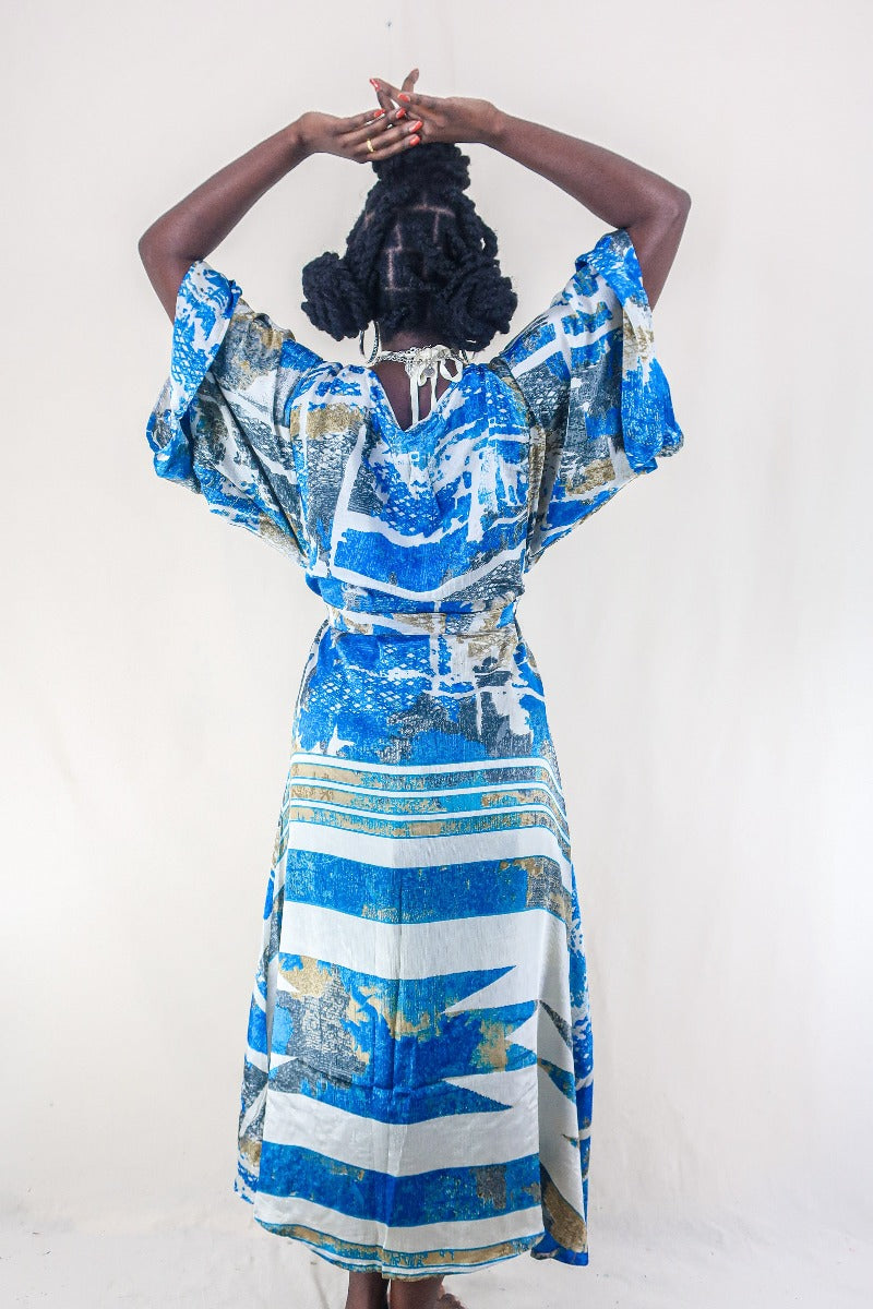 Aquaria Kimono Dress - Vintage Sari - Ultramarine Abstract - Free Size M All About Audrey