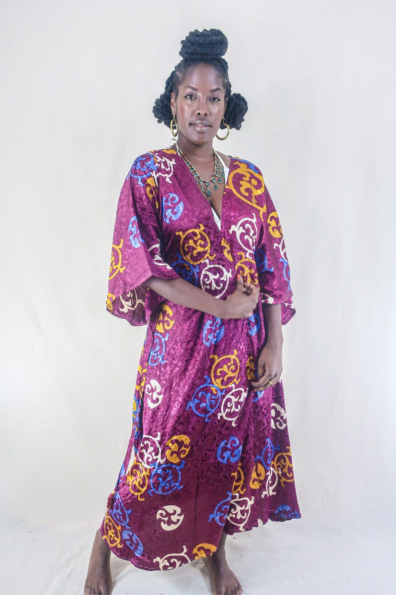 Aquaria Kimono Dress - Vintage Sari - Plum Jam Jacquard - Free Size M/L By All About Audrey