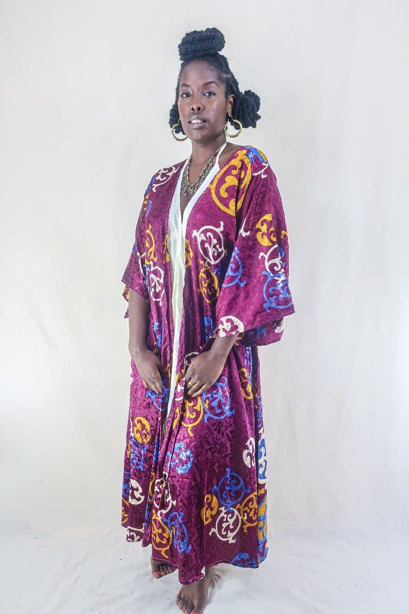 Kimono Vintage Sari Plum Jam Jacquard Size M L All About Audrey All About Audrey Vintage Boutique
