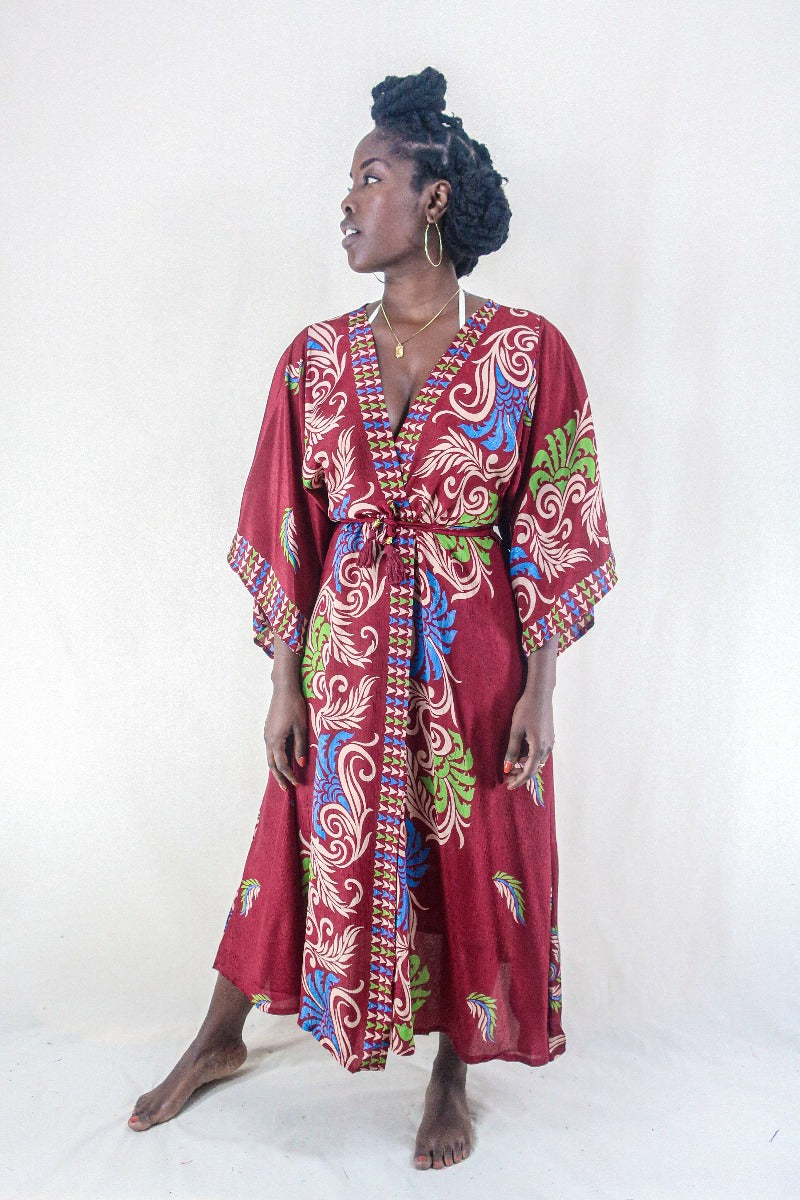 Aquaria Kimono Dress - Vintage Sari - Rosewood Motif - Free Size S/M By All About Audey