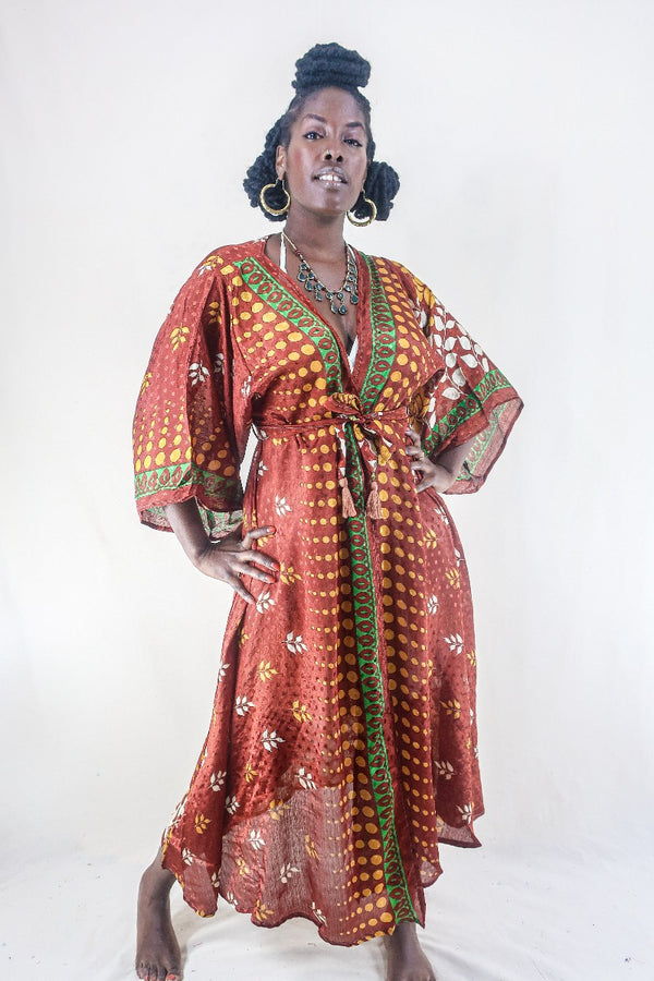 Aquaria Kimono Dress - Vintage Sari - Brick Red Bloom - Free Size M/L By All About Audrey