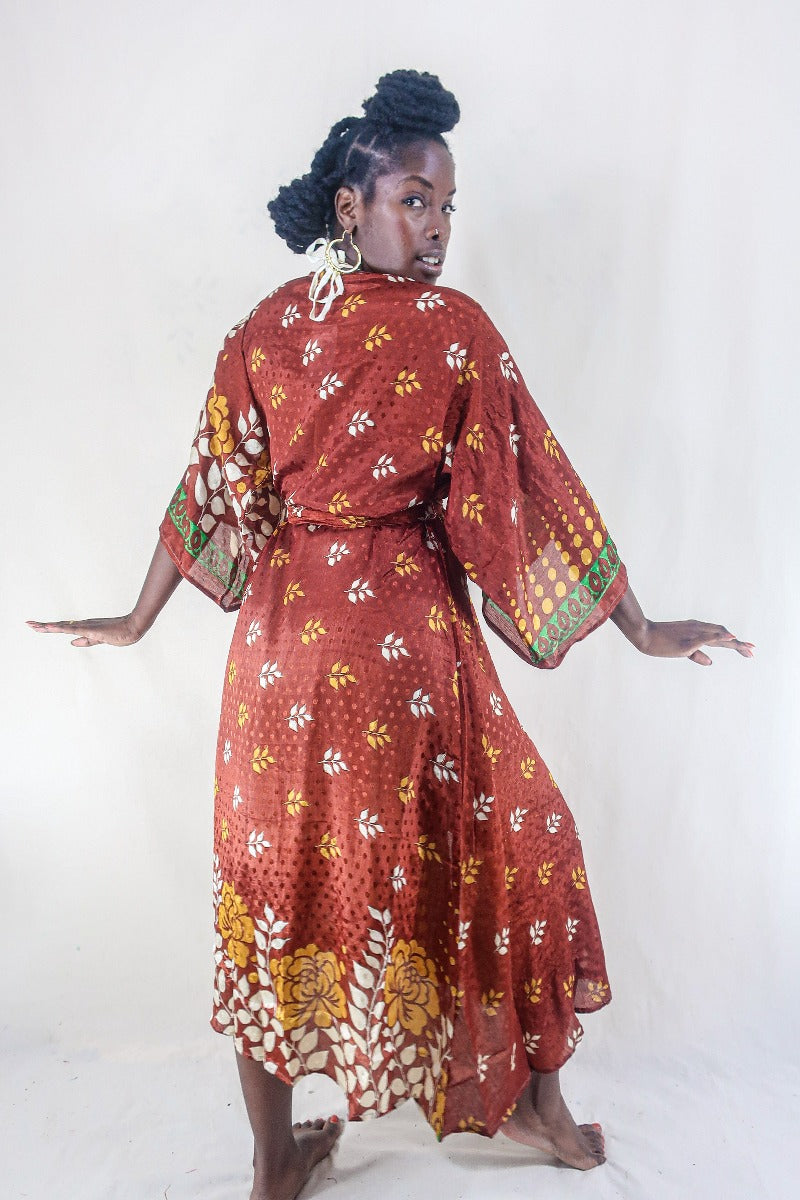 Aquaria Kimono Dress - Vintage Sari - Brick Red Bloom - Free Size M/L By All About Audrey