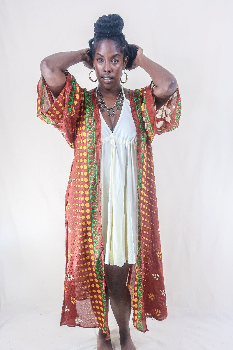 Aquaria Kimono Dress - Vintage Sari - Brick Red Bloom - Free Size M/L By All About Audrey
