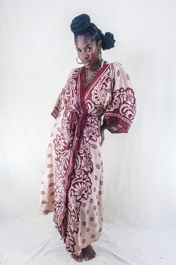 Aquaria Kimono Dress - Vintage Sari - Mauve & Burgundy Floral - Free Size S/M By All About Audrey