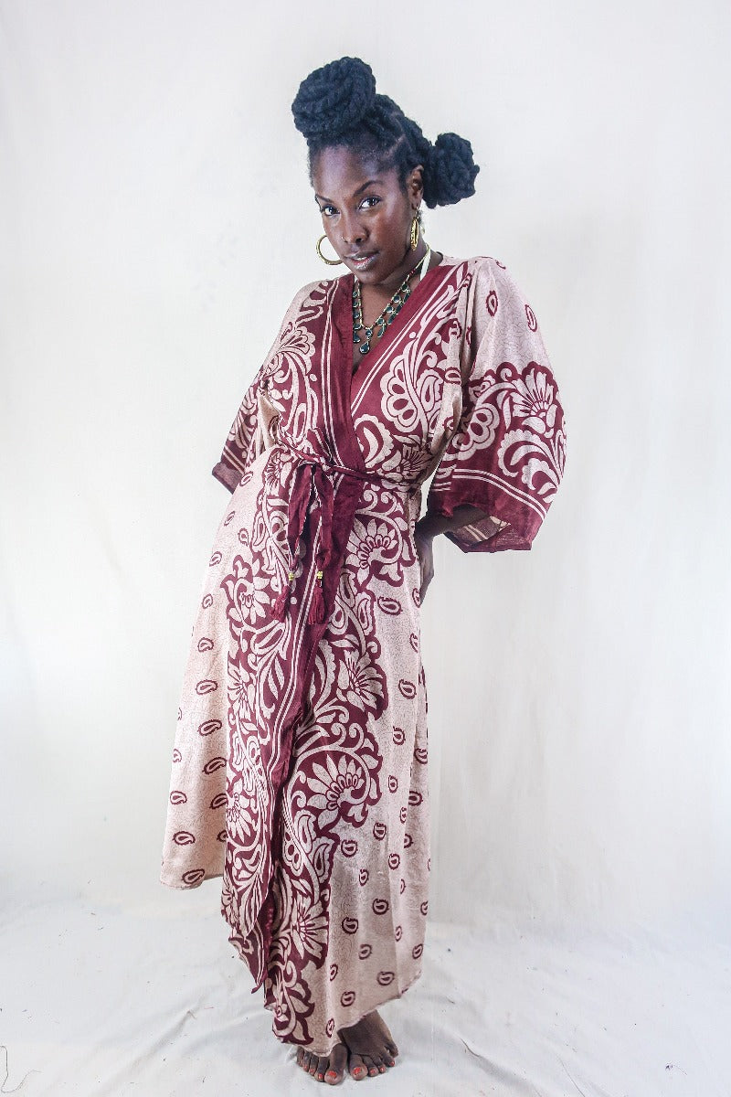 Aquaria Kimono Dress - Vintage Sari - Mauve & Burgundy Floral - Free Size S/M By All About Audrey