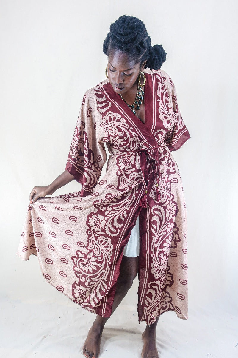 Aquaria Kimono Dress - Vintage Sari - Mauve & Burgundy Floral - Free Size S/M By All About Audrey