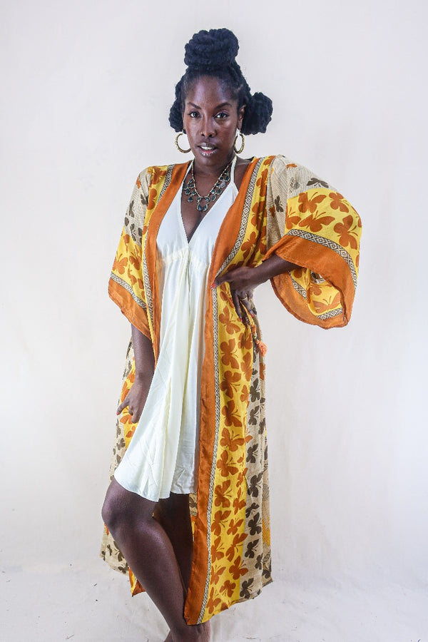 Aquaria Kimono Dress - Vintage Sari - Earth Tone Butterflies - Free Size XS By All About Audrey
