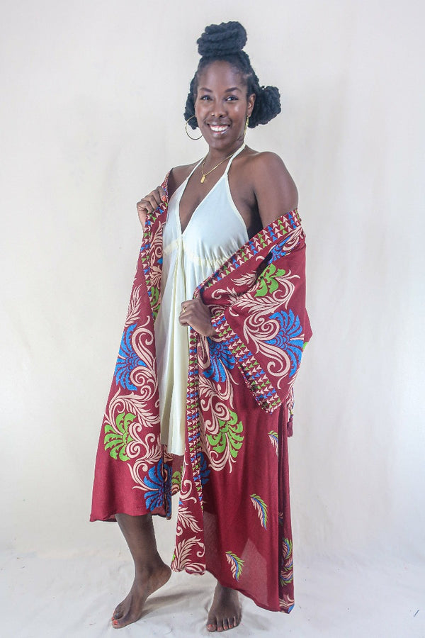 Aquaria Kimono Dress - Vintage Sari - Rosewood Motif - Free Size S/M By All About Audey