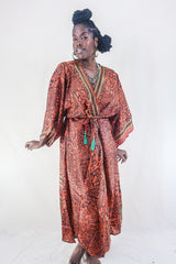 Aquaria Kimono Dress - Vintage Sari - Umber & Goldstone - Free Size XXL By All About Audrey