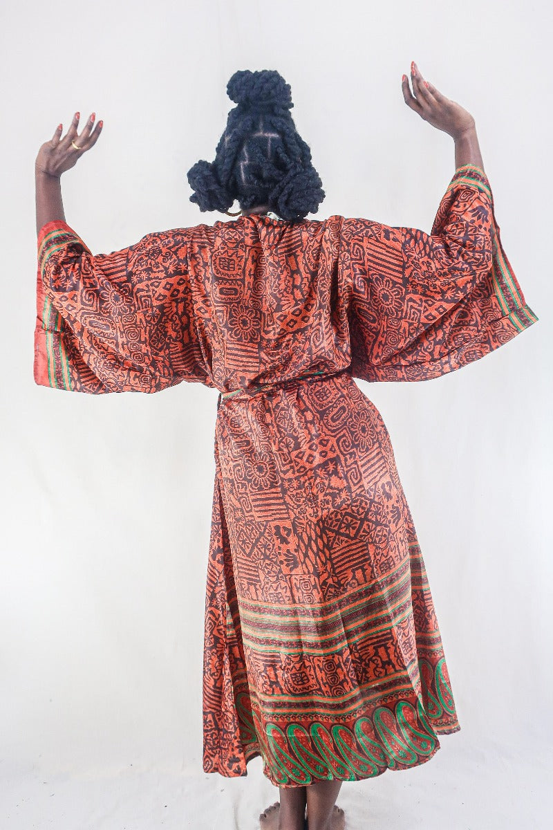 Aquaria Kimono Dress - Vintage Sari - Umber & Goldstone - Free Size XXL By All About Audrey