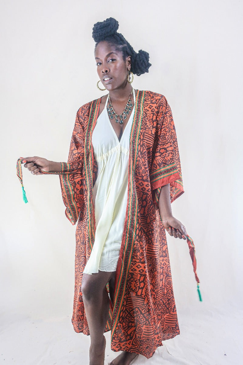 Aquaria Kimono Dress - Vintage Sari - Umber & Goldstone - Free Size XXL By All About Audrey