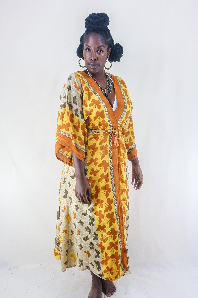 Aquaria Kimono Dress - Vintage Sari - Earth Tone Butterflies - Free Size XS By All About Audrey