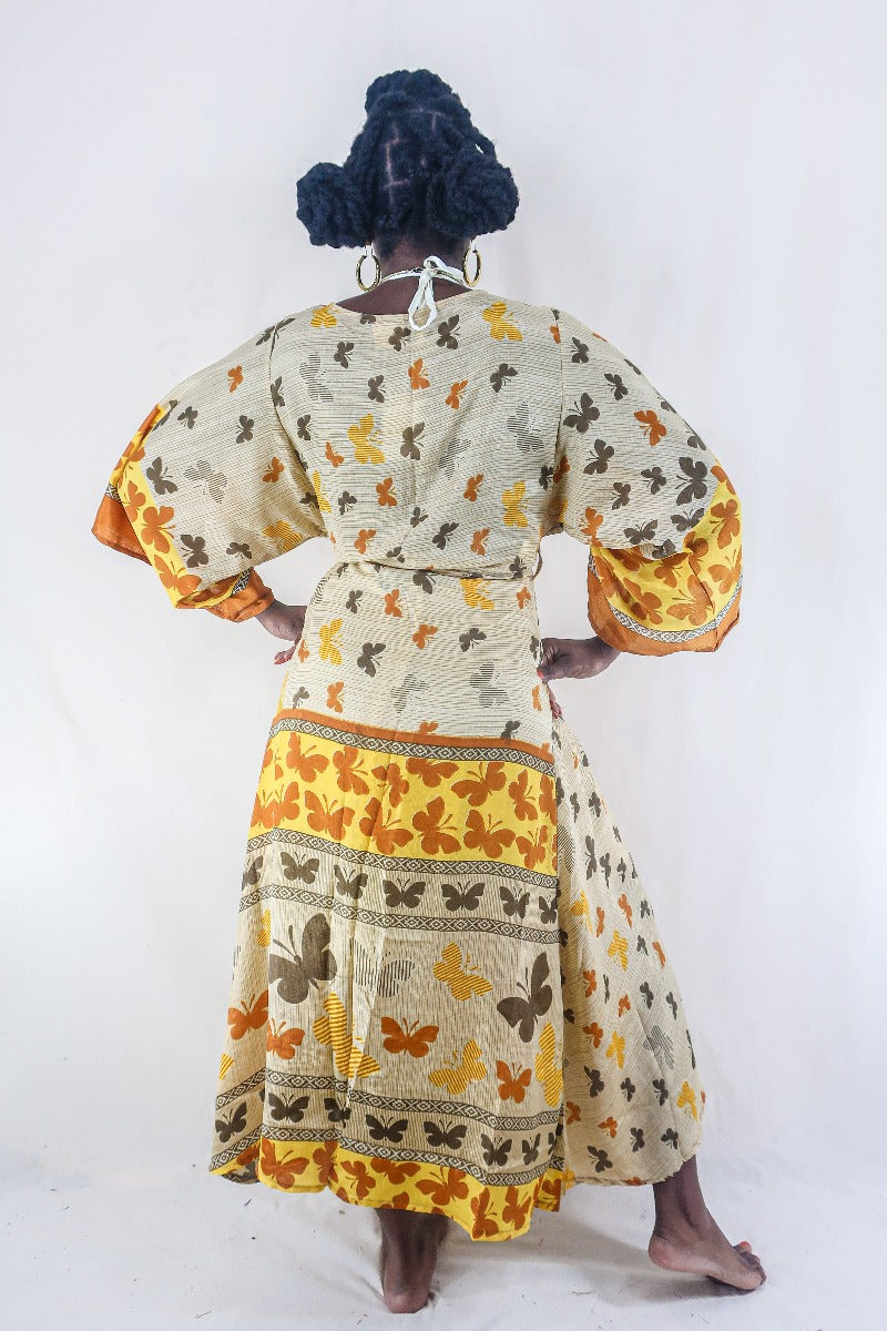 Aquaria Kimono Dress - Vintage Sari - Earth Tone Butterflies - Free Size XS By All About Audrey