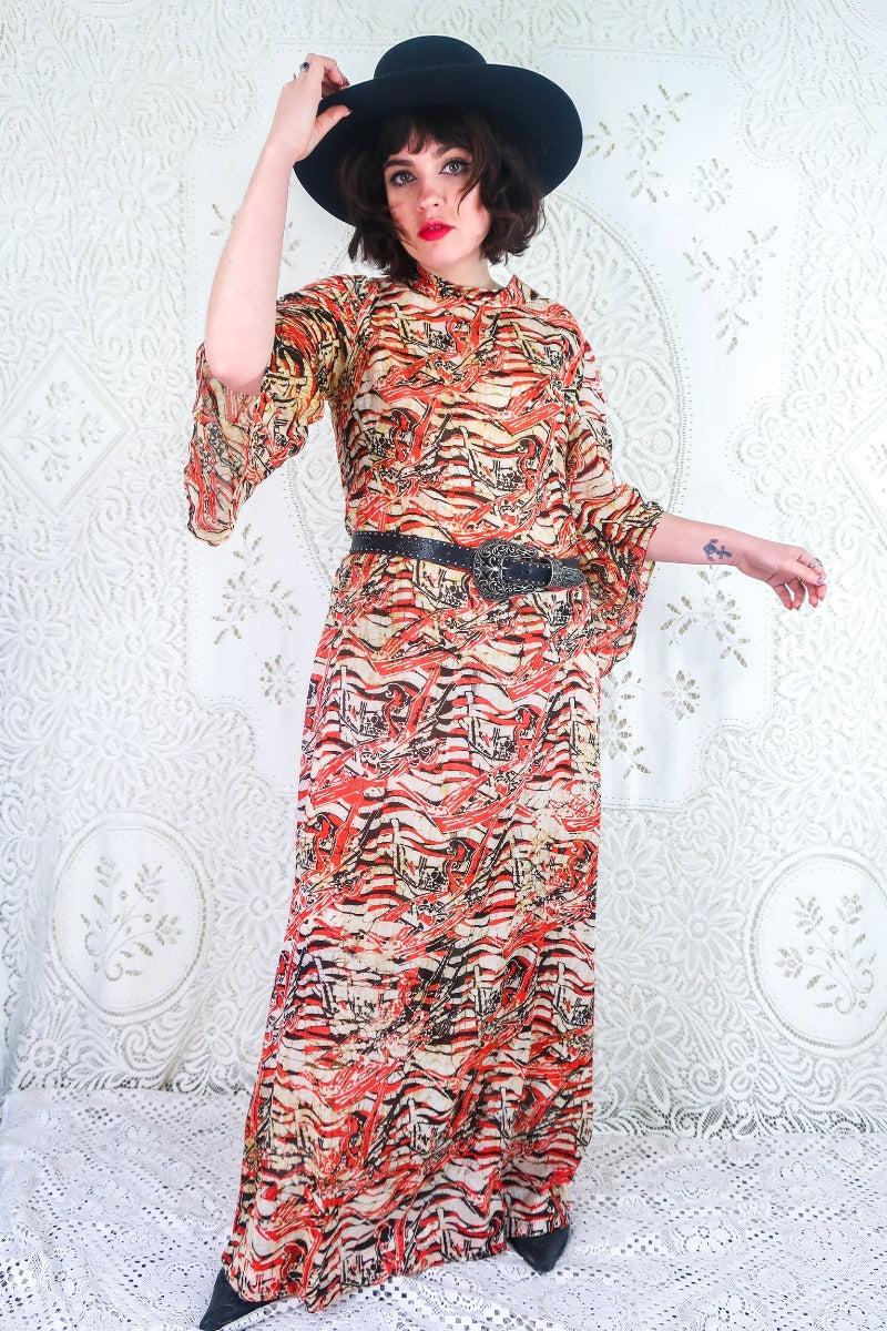 Vintage Dress - 70's Earth Tone Batik Bell Sleeve Maxi - Size S/M By All About Audrey