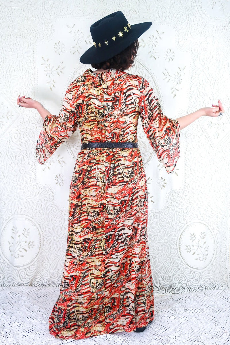 Vintage Dress - 70's Earth Tone Batik Bell Sleeve Maxi - Size S/M By All About Audrey