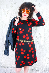 Vintage Midi Dress - Jet Black & Poppy Red Floral - Size S By All About Audrey