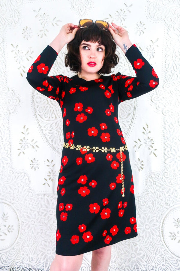 Vintage Midi Dress - Jet Black & Poppy Red Floral - Size S By All About Audrey