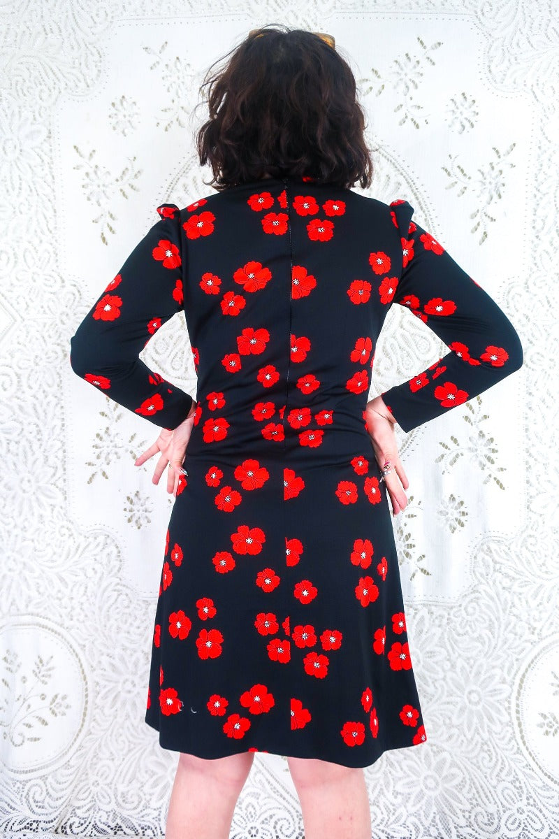 Vintage Midi Jet Black & Poppy Red Floral Size S