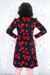 Vintage Midi Dress - Jet Black & Poppy Red Floral - Size S By All About Audrey