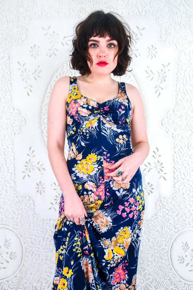 Vintage Maxi Sundress - Strappy Indigo Blue with Bright Meadow Floral - Size XS By All About Audrey