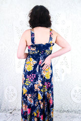 Vintage Maxi Sundress - Strappy Indigo Blue with Bright Meadow Floral - Size XS By All About Audrey