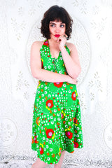 Vintage Midi Sundress - Halter-Neck Candy Green Groovy Floral - Size S/M All About Audrey