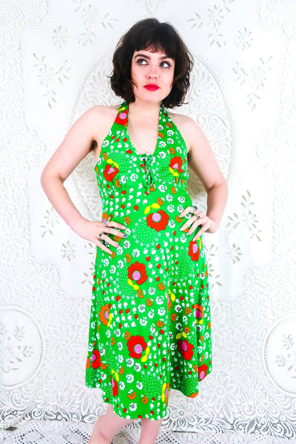 Vintage Midi Sundress - Halter-Neck Candy Green Groovy Floral - Size S/M All About Audrey