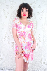 Vintage Dress - Retro Vivid Pink Floral Lace Mini - Size XS By All About Audrey