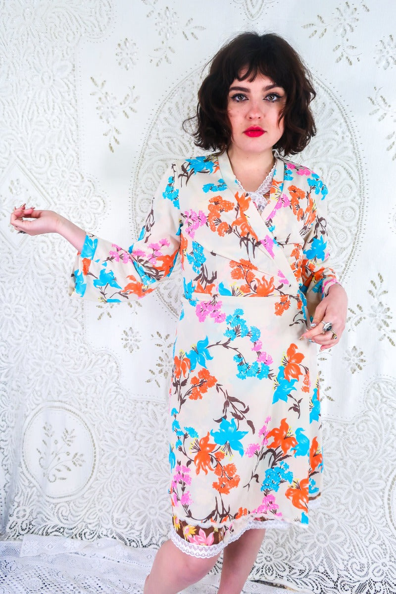 Vintage Wrap Dress Bright Tropical Floral S All About Audrey