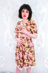 Vintage Slip Dress - Mocha Brown & Blush Retro Floral - Size S/M By All About Audrey