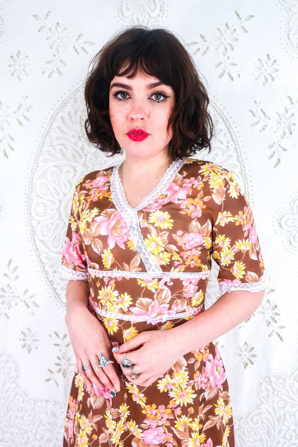 Vintage Slip Dress - Mocha Brown & Blush Retro Floral - Size S/M By All About Audrey