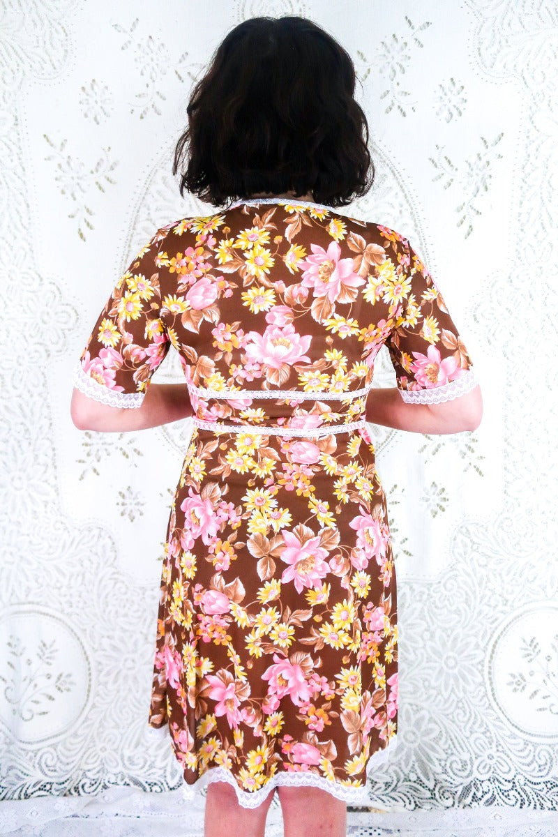 Vintage Slip Dress - Mocha Brown & Blush Retro Floral - Size S/M By All About Audrey