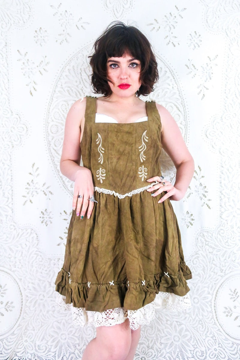 Vintage Dirndl Dress - Embroidered Chestnut Brown Suede - Size S/M By All About Audrey