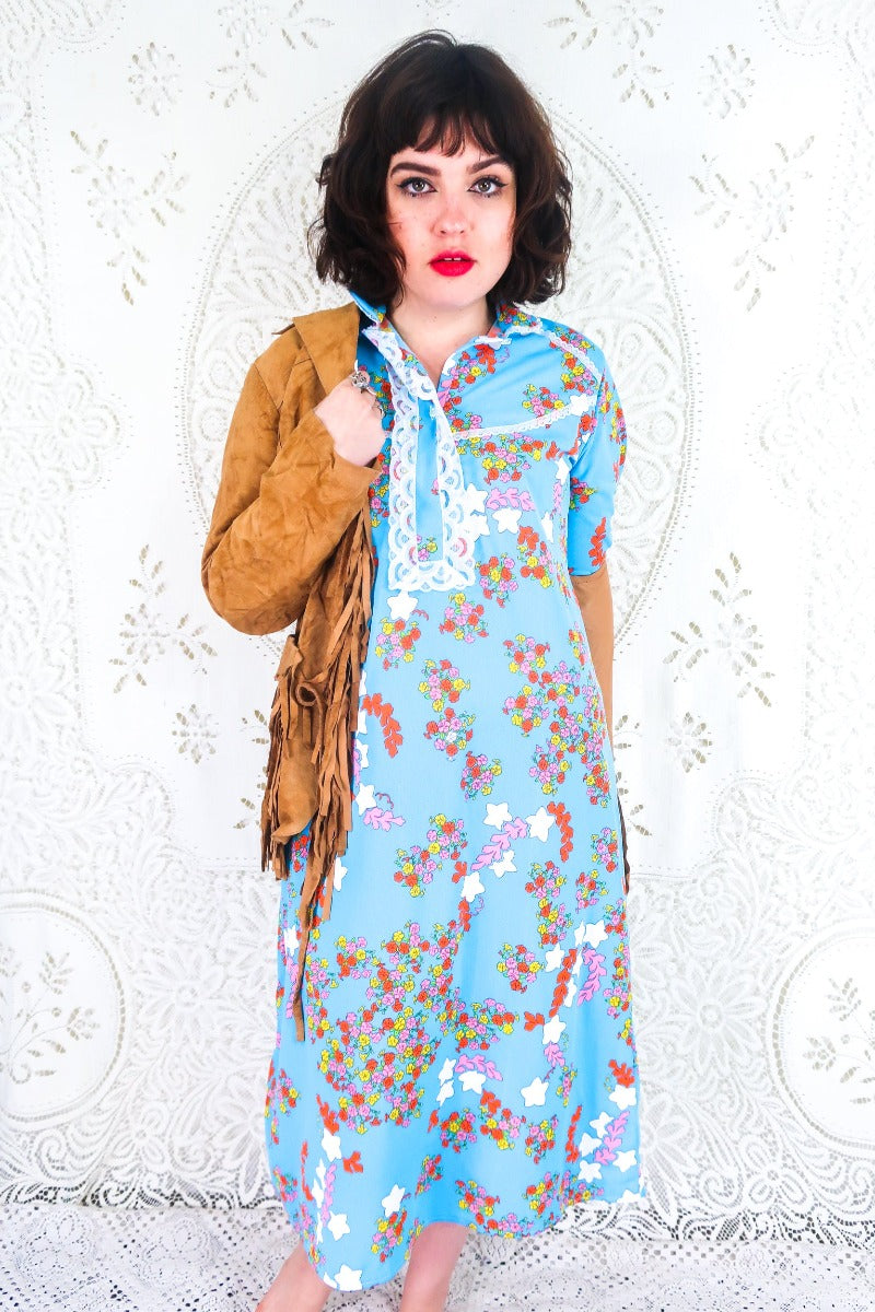 Vintage Midi Dress - Sky Blue with Bright Floral Stars - Size S By All About Audrey