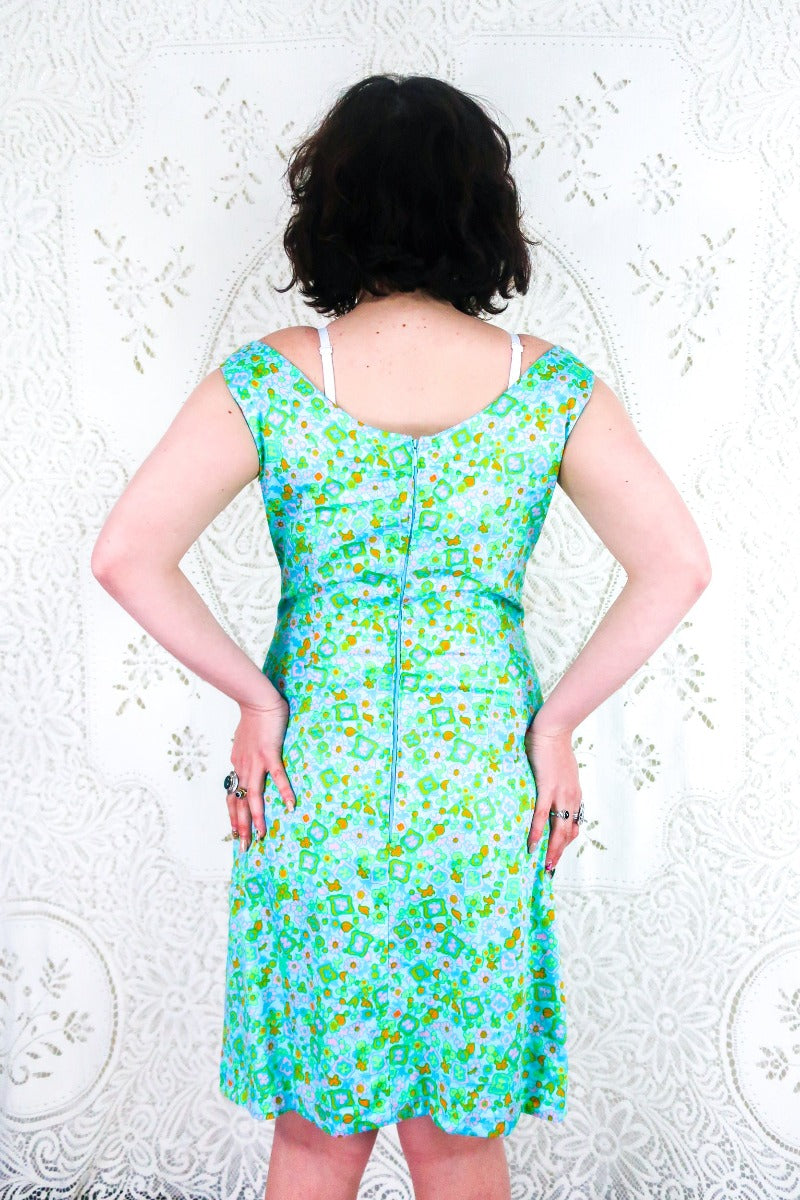 Vintage Shift Mini Dress - Aqua Blue 60's Mod Floral - Size S/M By All About Audrey