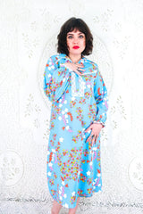 Vintage Midi Dress - Sky Blue with Bright Floral Stars - Size S By All About Audrey