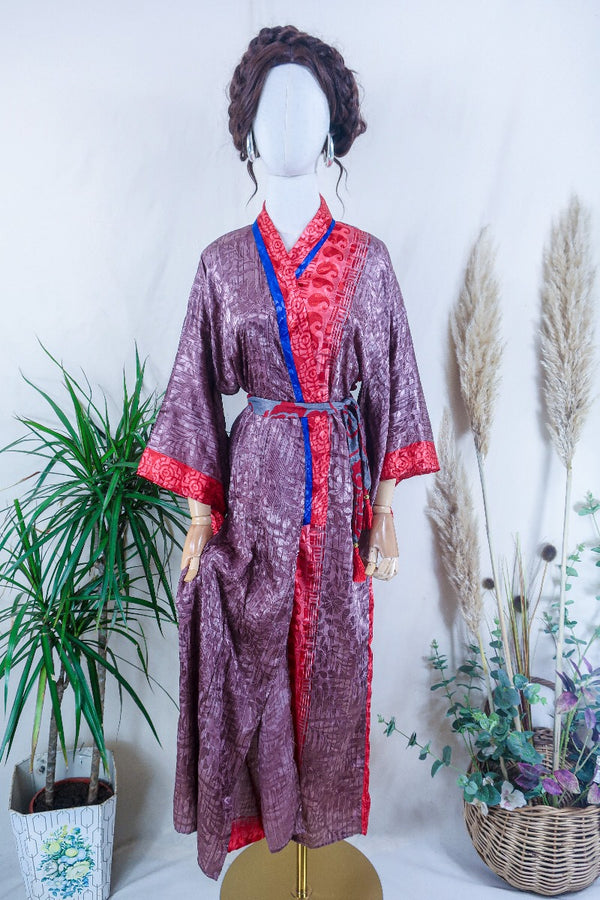 Lotus Kimono Dress - Dusky Mauve & Red Botanical - Vintage Sari - Free Size By All About Audrey