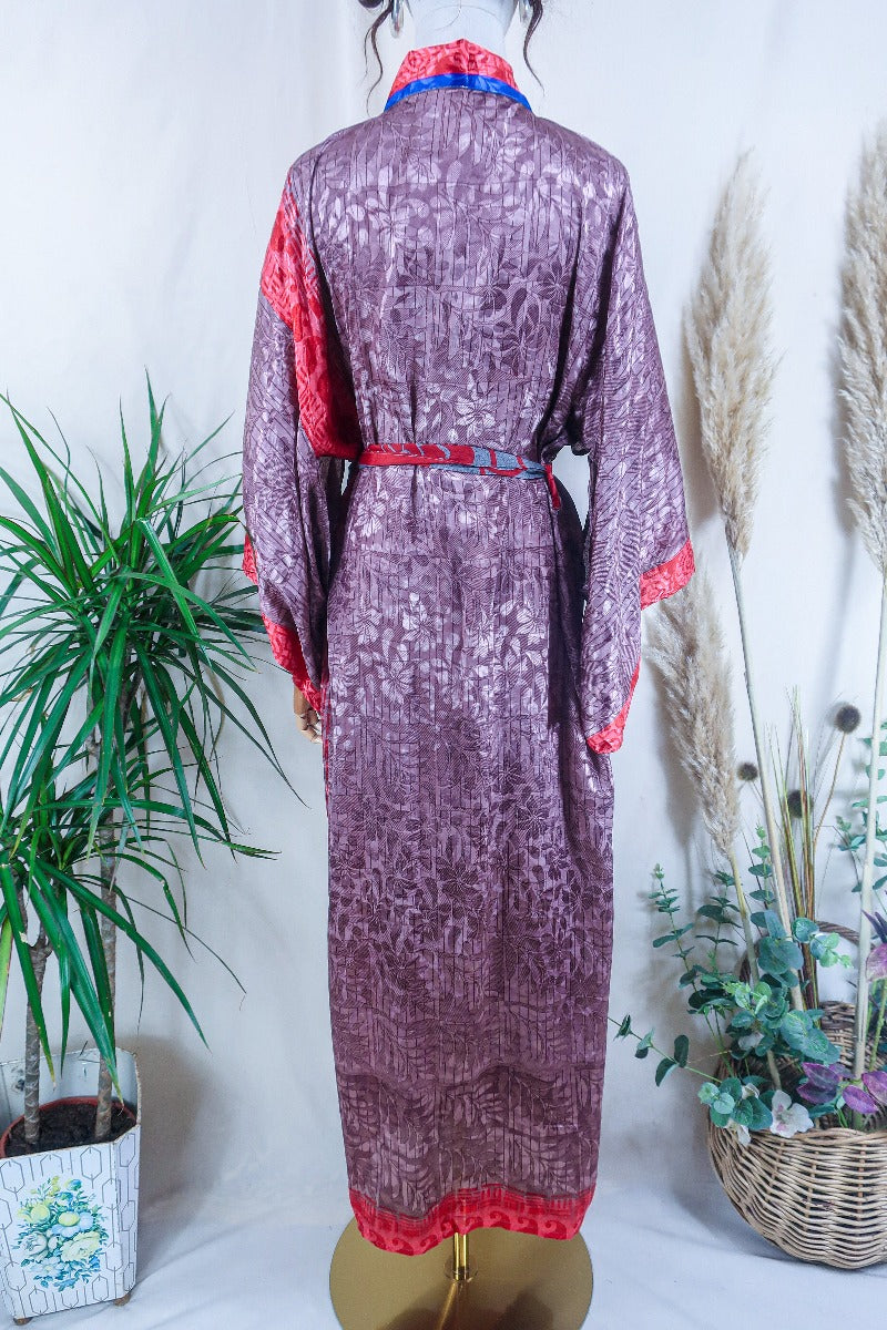 Lotus Kimono Dress - Dusky Mauve & Red Botanical - Vintage Sari - Free Size By All About Audrey