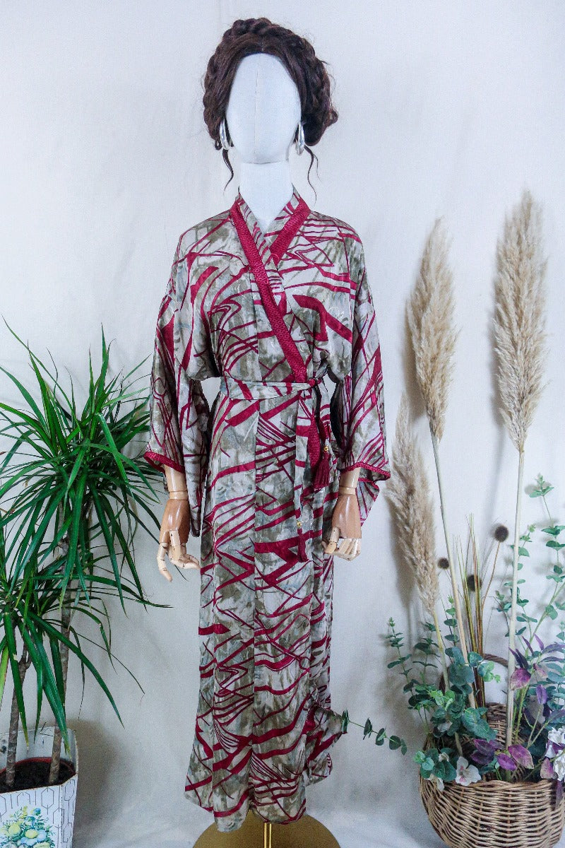 Lotus Kimono Dress - Snowy Pale Green & Red Abstract - Vintage Sari - Free Size By All About Audrey