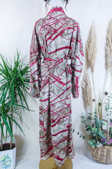 Lotus Kimono Dress - Snowy Pale Green & Red Abstract - Vintage Sari - Free Size By All About Audrey